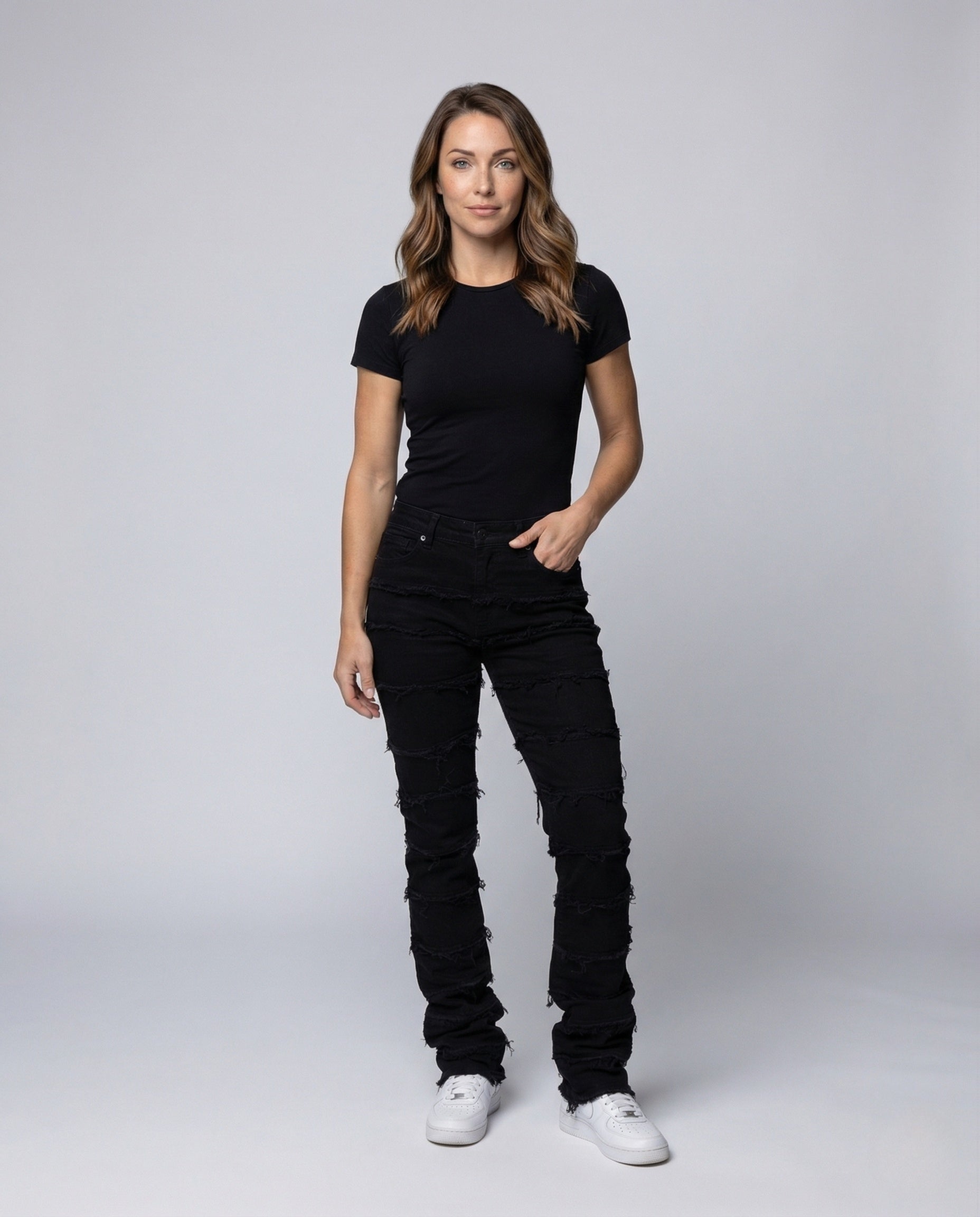 Damen High Waist Jeans mit Fransen Schlag - Norvielle