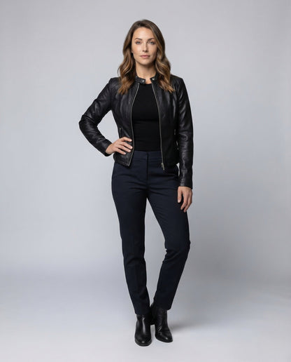 Damen Kunstlederjacke Kurz Minimalistisch Schwarz - Norvielle