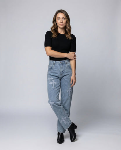 Damen High Waist Jeans mit Vintage Applikation - Norvielle