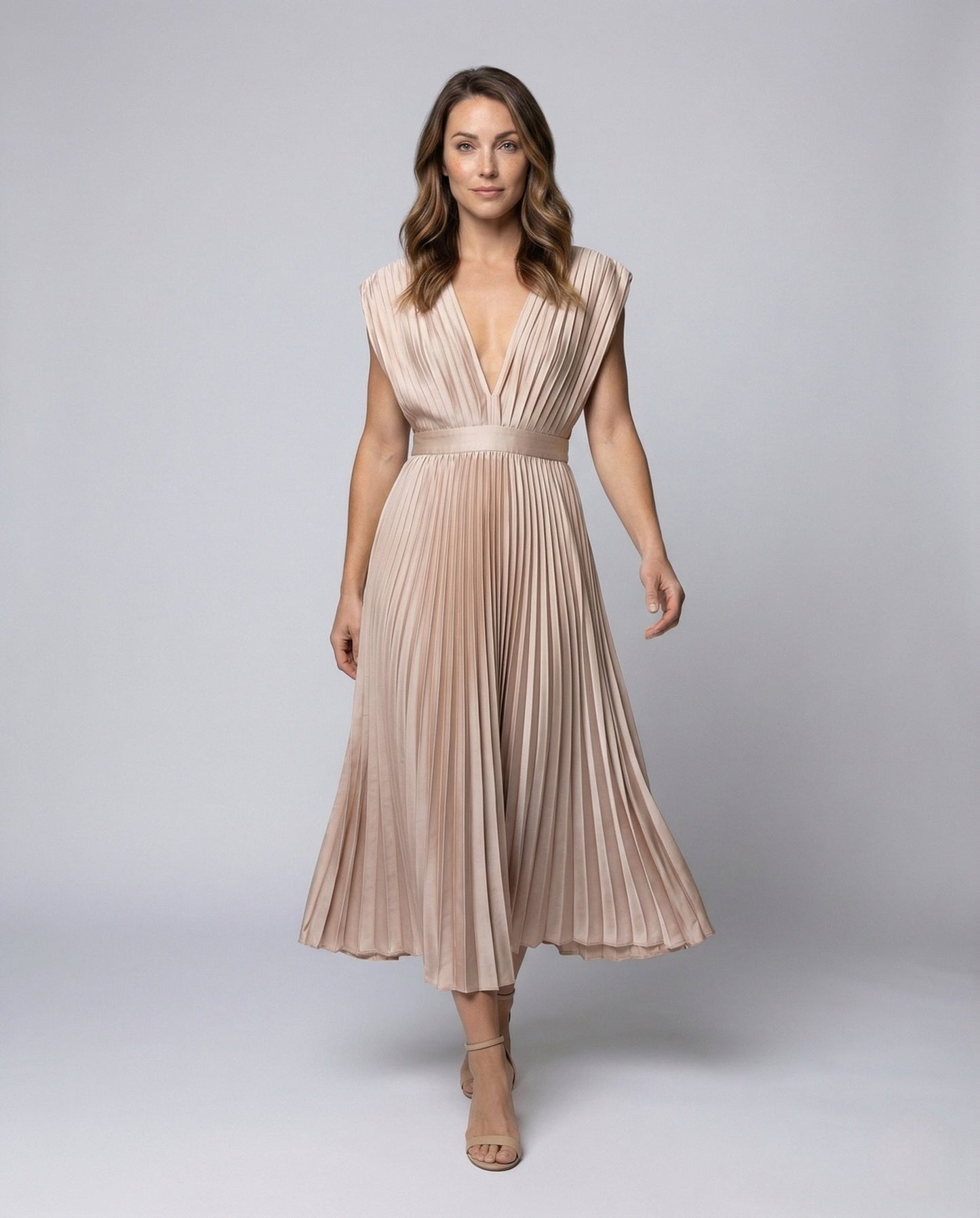 Damen Midikleid mit Plissee und V-Ausschnitt - Norvielle