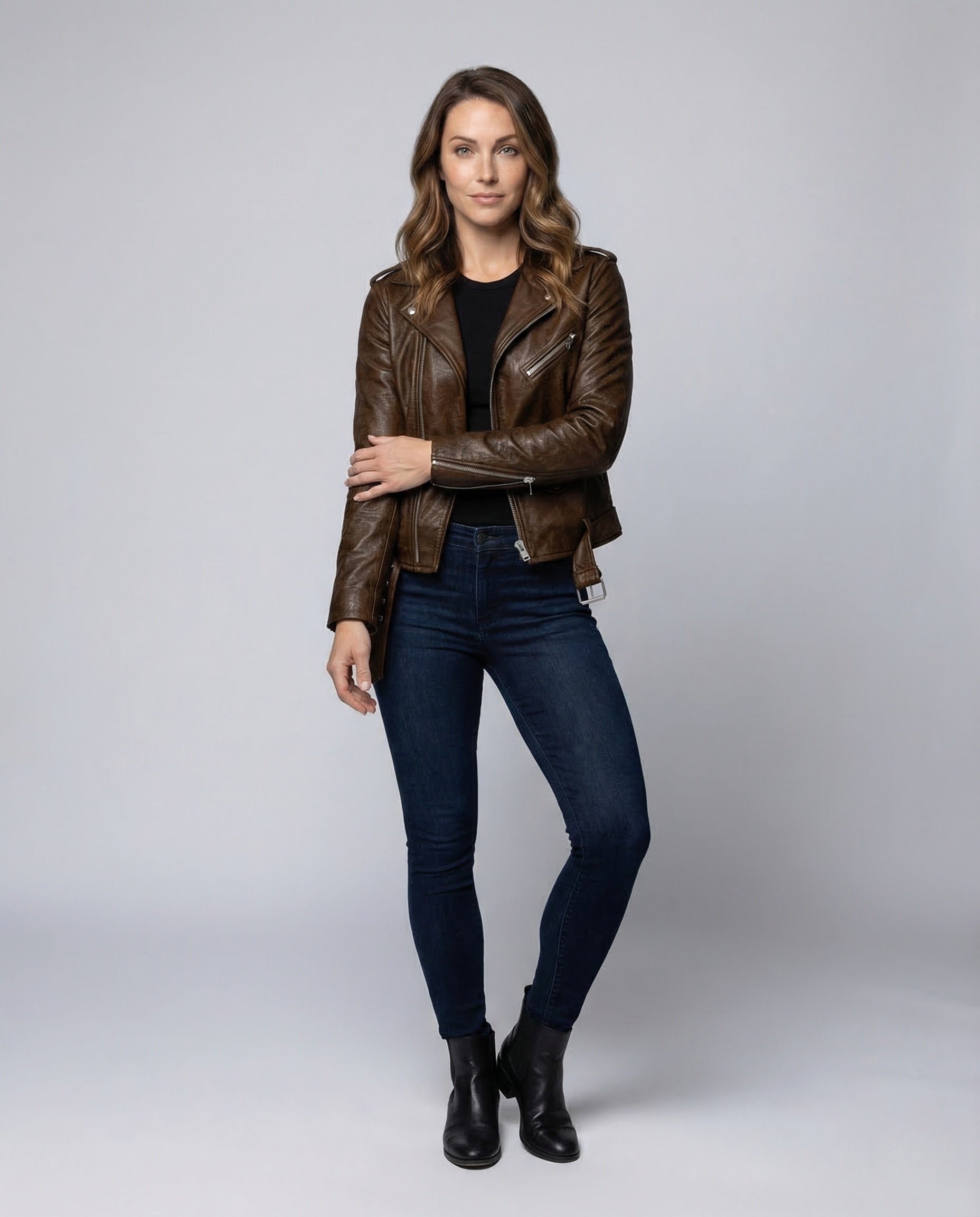 Damen Lederbikerjacke Tailliert Schwarz - Norvielle