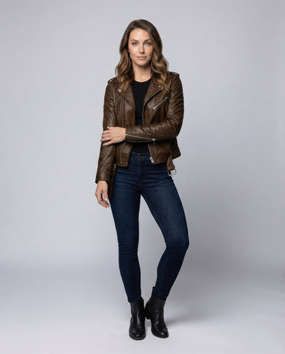 Damen Lederbikerjacke Tailliert Schwarz - Norvielle
