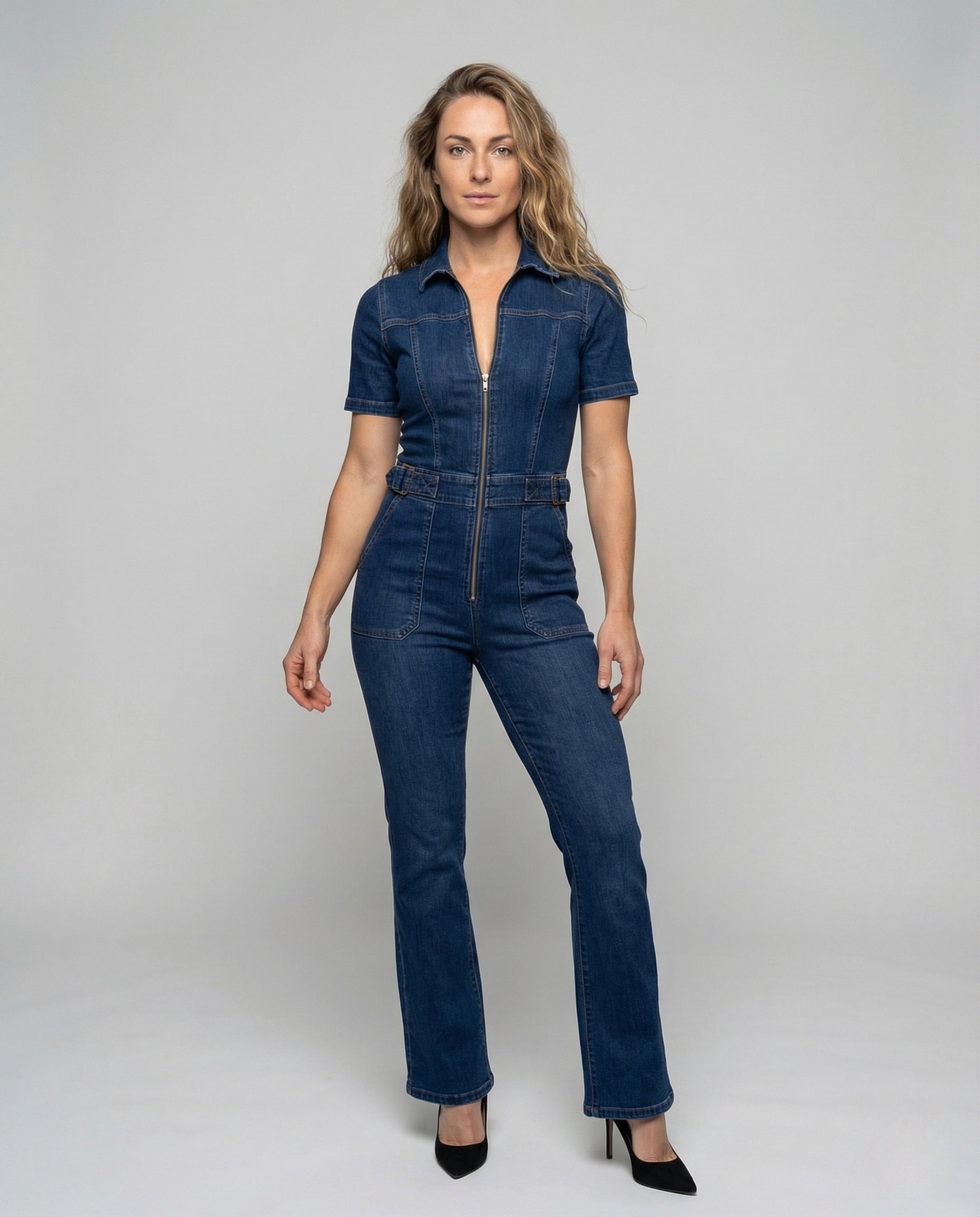 Damen Jumpsuit Tailliert V-Ausschnitt Jeans Schwarz - Norvielle