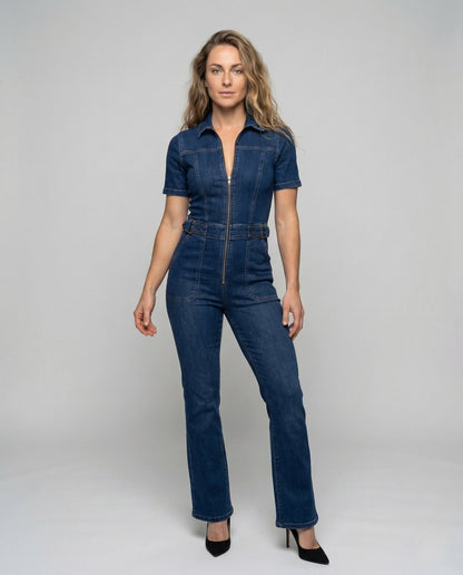 Damen Jumpsuit Tailliert V-Ausschnitt Jeans Schwarz - Norvielle