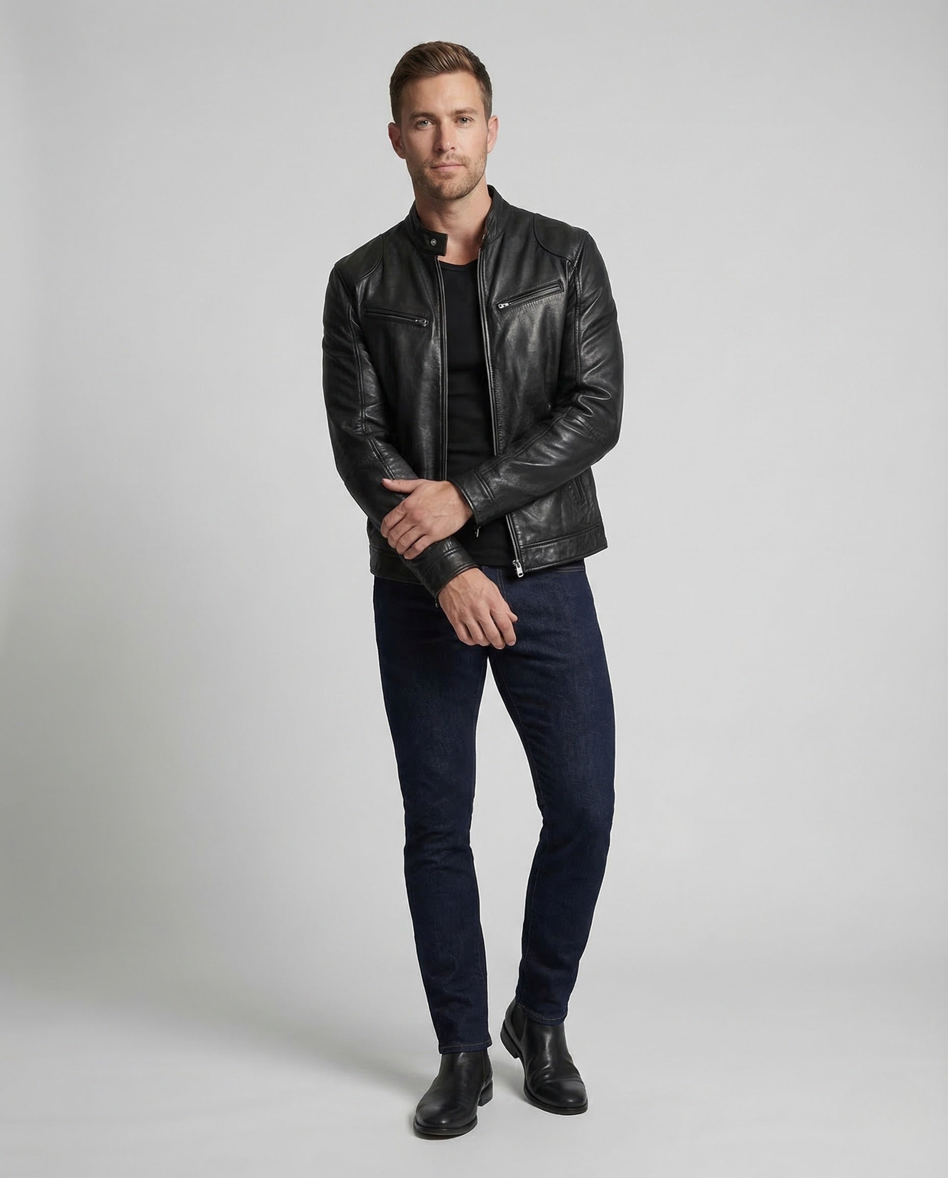 Herren Lederjacke Slim Fit Stehkragen Schwarz - Norvielle