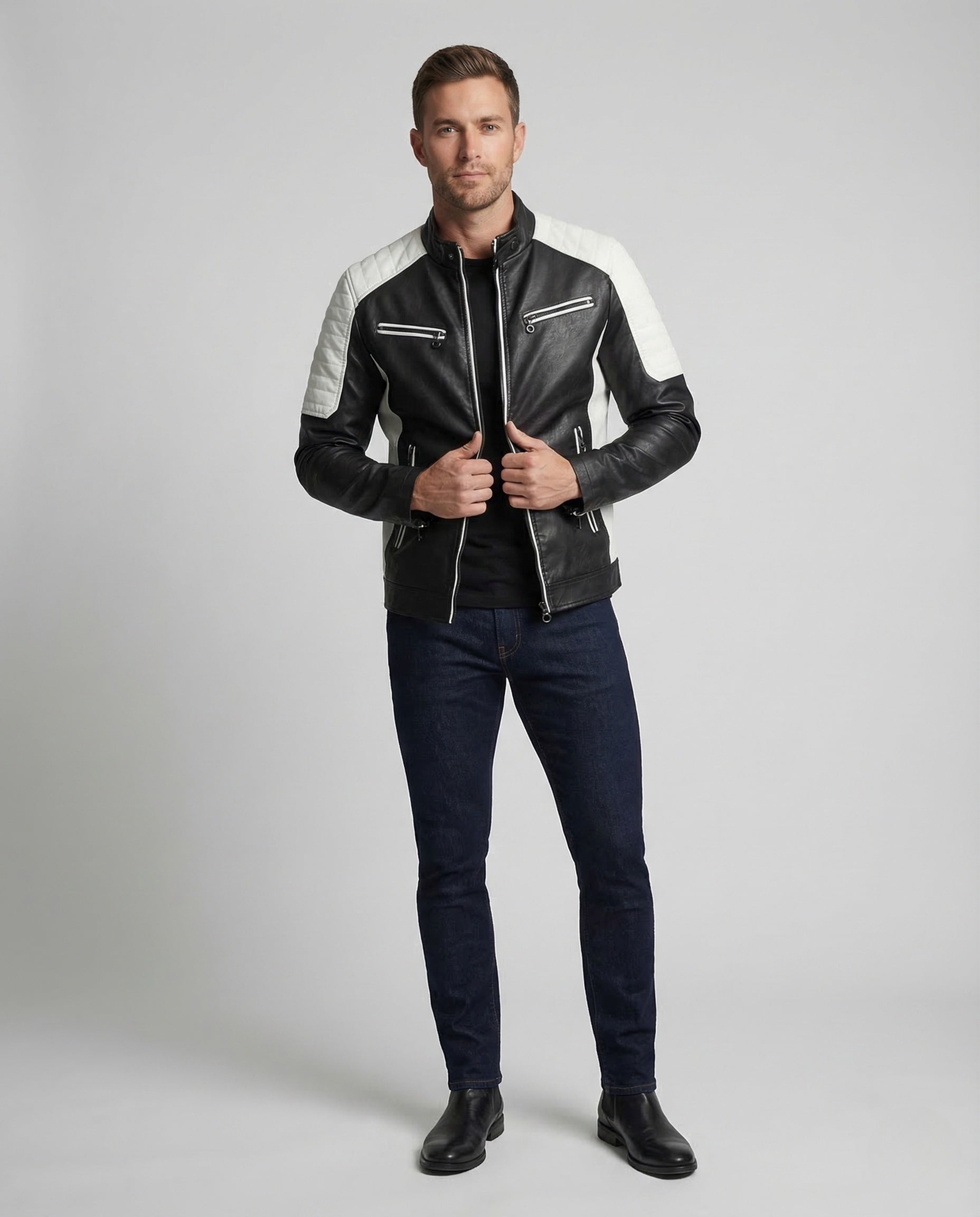 Herren Lederjacke Bikerstyle Steppschulter Kunstleder Schwarz - Norvielle