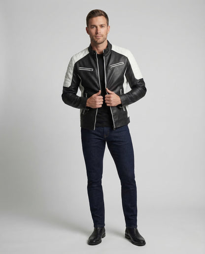 Herren Lederjacke Bikerstyle Steppschulter Kunstleder Schwarz - Norvielle