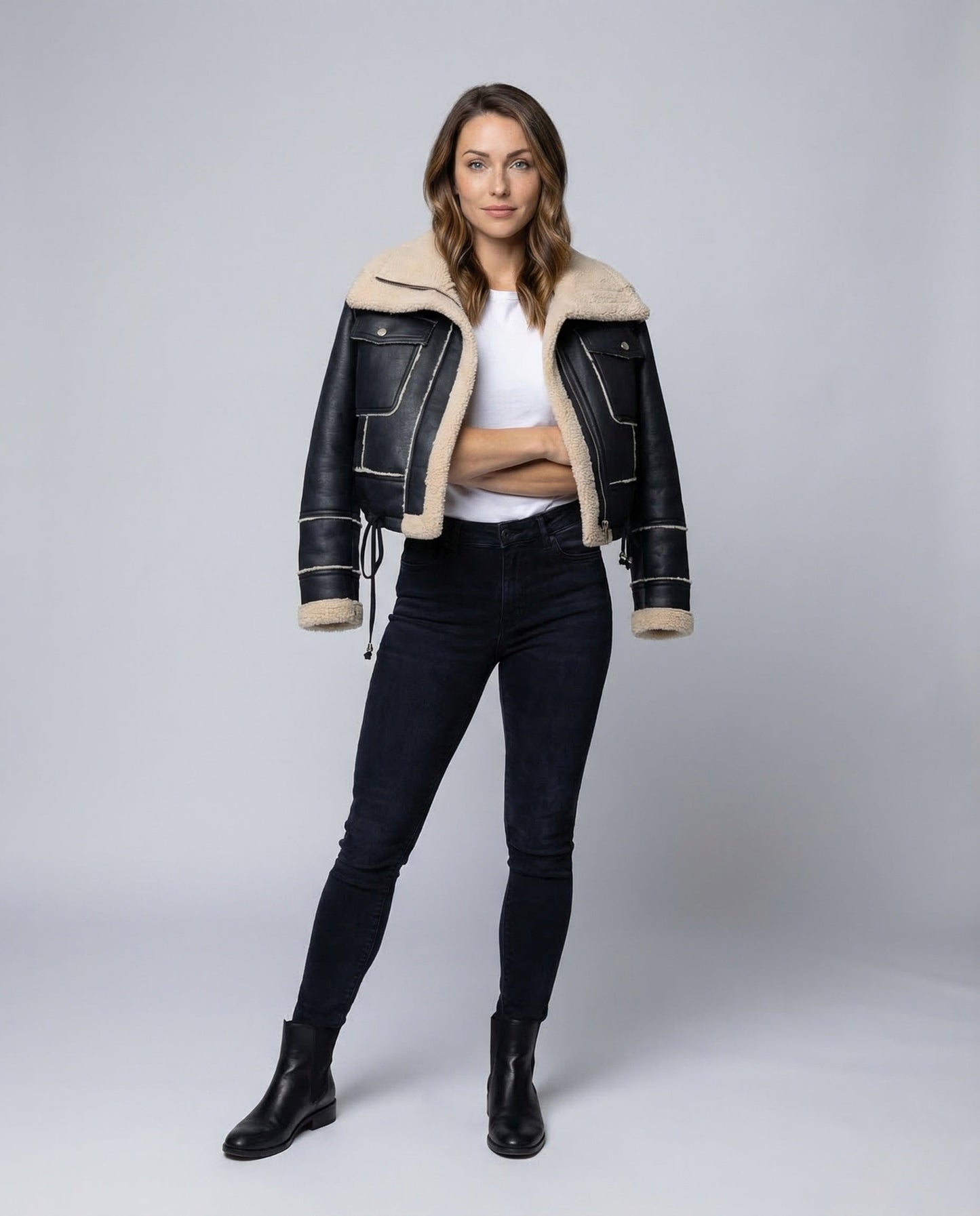 Damen Teddyjacke Kurzfliegerjacke Teddyfell Schwarz - Norvielle