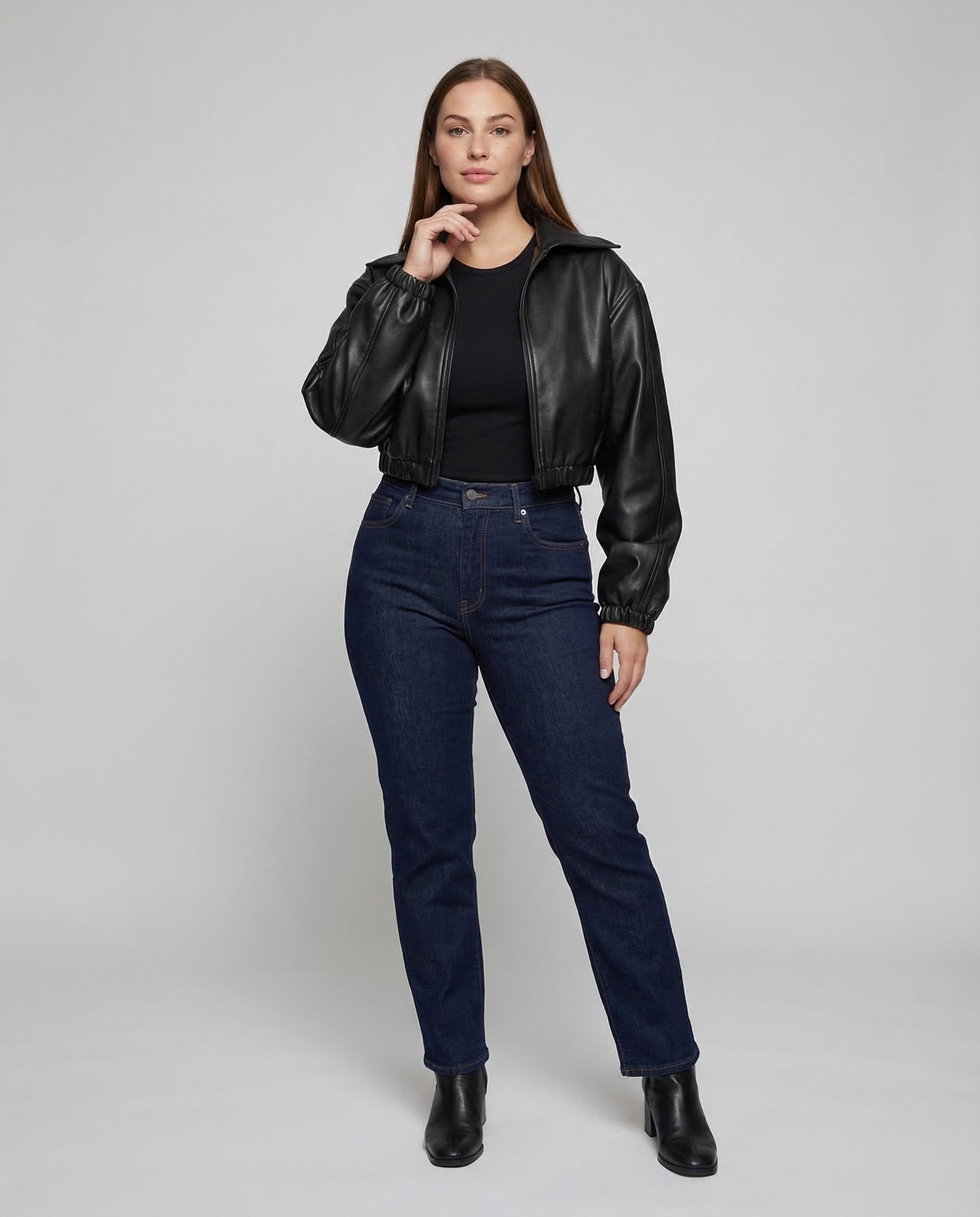 Damen Kurzkapuzenjacke Lederoptik Schwarz - Norvielle