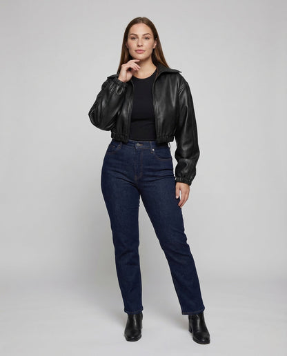 Damen Kurzkapuzenjacke Lederoptik Schwarz - Norvielle
