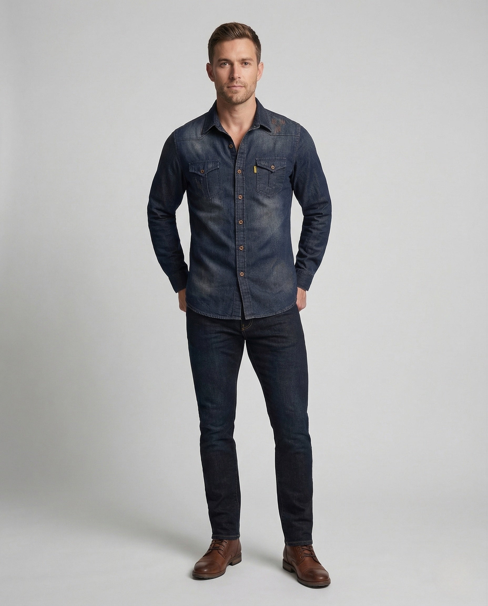 Herren Slim Fit Jeanshemd mit Brusttaschen - Norvielle