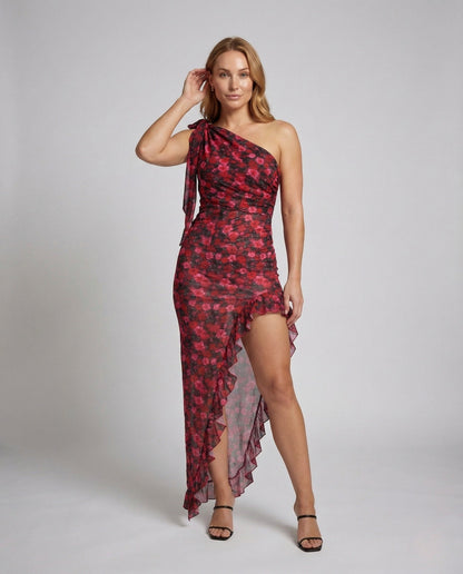 Damen Maxikleid Asymmetrisch Einärmig Mit Volants - Norvielle