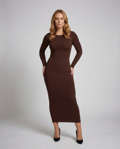 Damen Midikleid Figurbetont U-Rücken Langarm - Norvielle