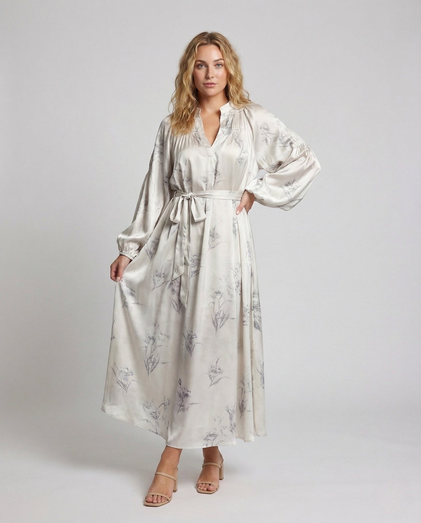 Damen Maxikleid Seidenoptik Ballonärmel - Norvielle