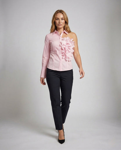 Damen Satinbluse mit Blütenapplikation und Ballonärmeln - Norvielle