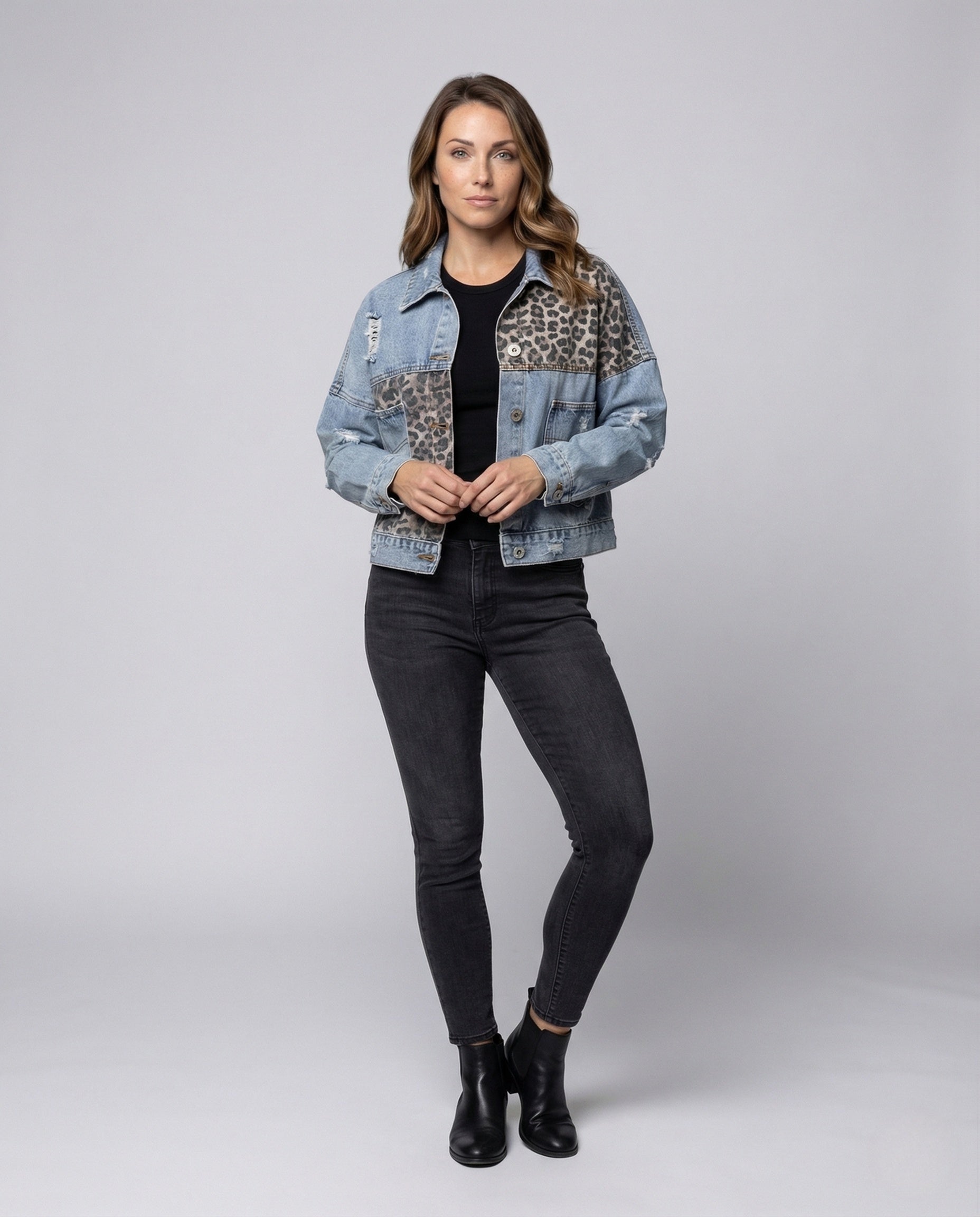 Damen Oversize Jeansjacke mit Patches Used-Look - Norvielle