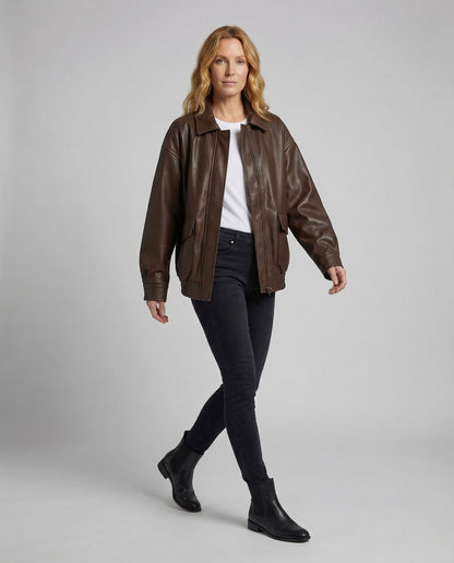 Damen Lederjacke Oversize Mit Hemdkragen - Norvielle