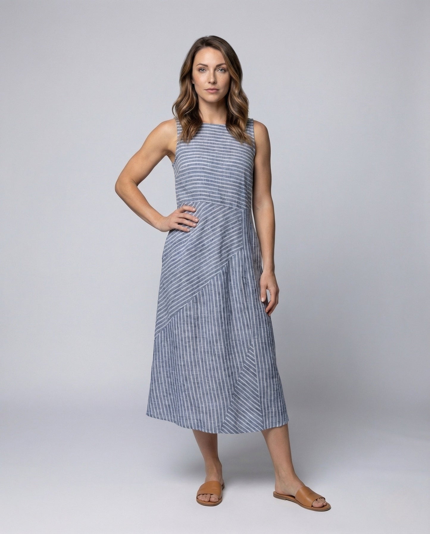 Damen Leinen Midi-Kleid Ärmellos Mit Taschen - Norvielle