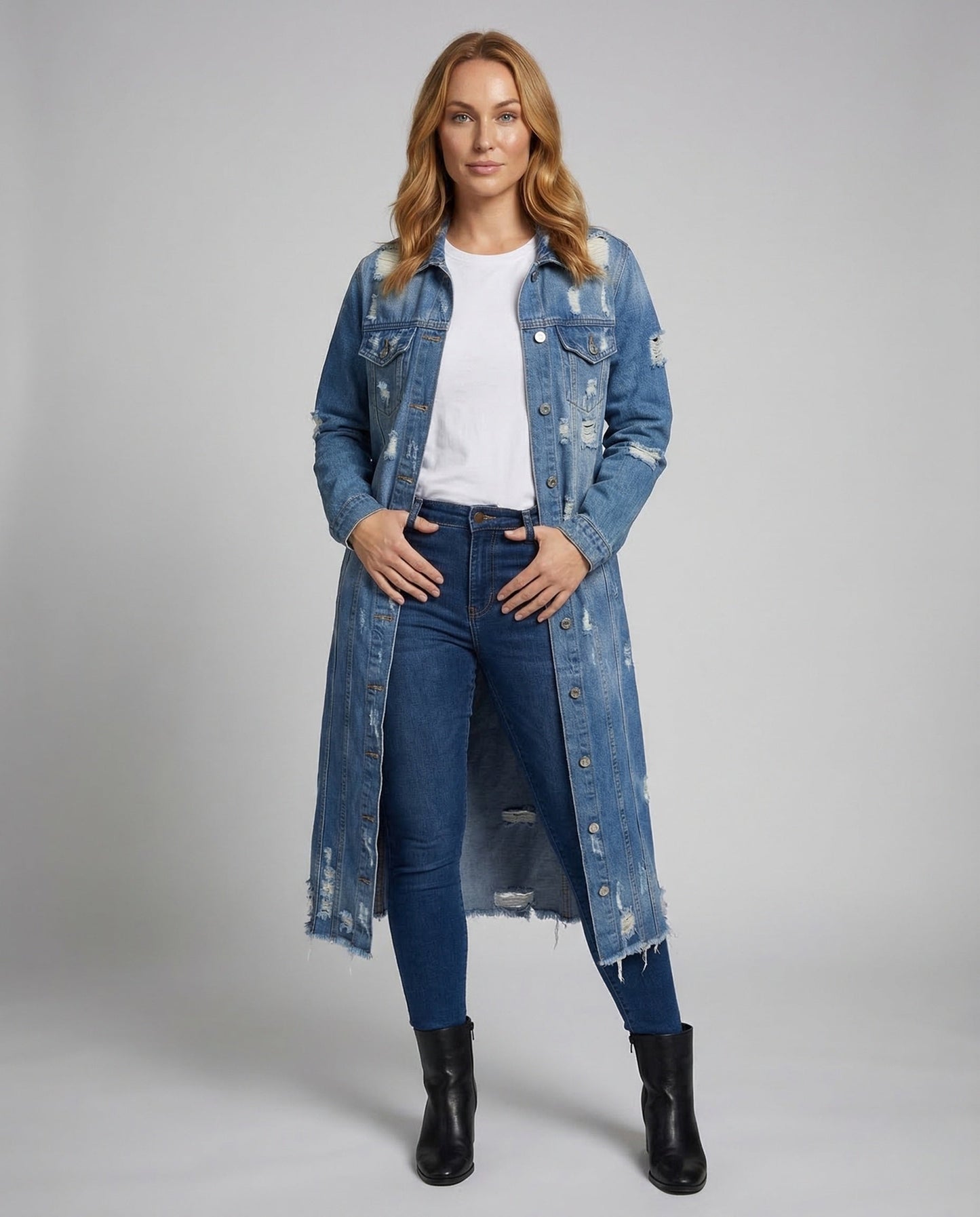 Damen Jeansmantel Lang mit Fransen - Norvielle