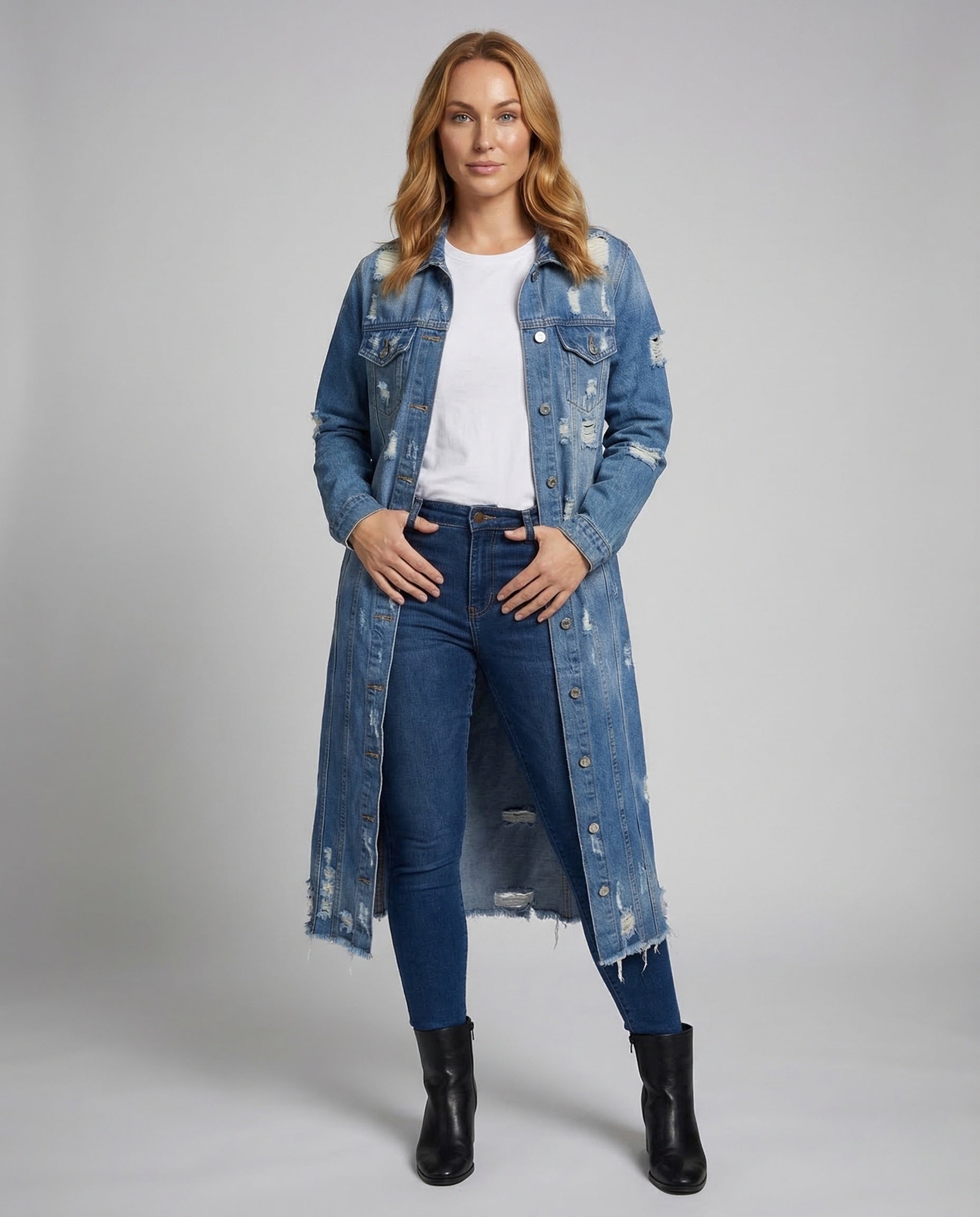Damen Jeansmantel Lang mit Fransen - Norvielle