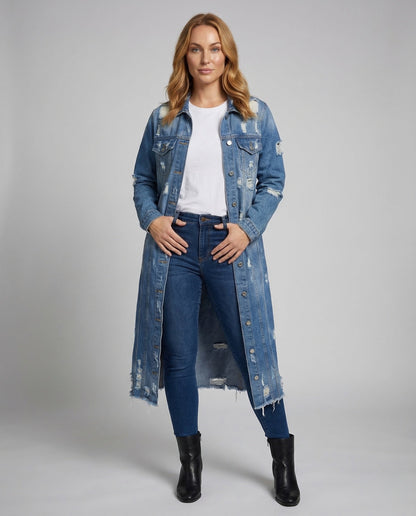 Damen Jeansmantel Lang mit Fransen - Norvielle