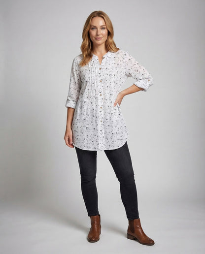 Damen Oversize Longbluse Stehkragen - Norvielle