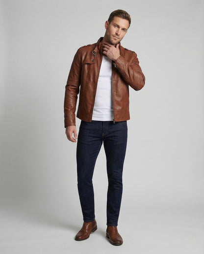 Herren Lederjacke Military Biker Kunstleder Schwarz - Norvielle