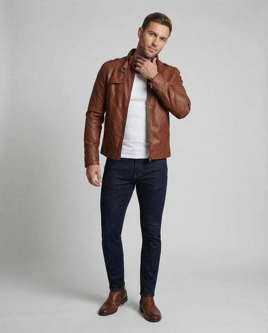 Herren Lederjacke Military Biker Kunstleder Schwarz - Norvielle