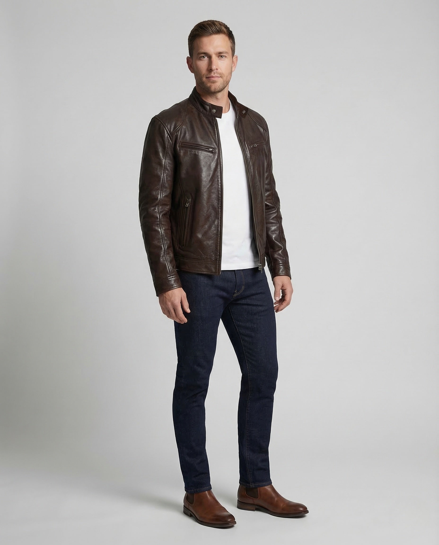Herren Lederjacke Lammnappa Stehkragen Schwarz - Norvielle