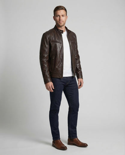 Herren Lederjacke Lammnappa Stehkragen Schwarz - Norvielle