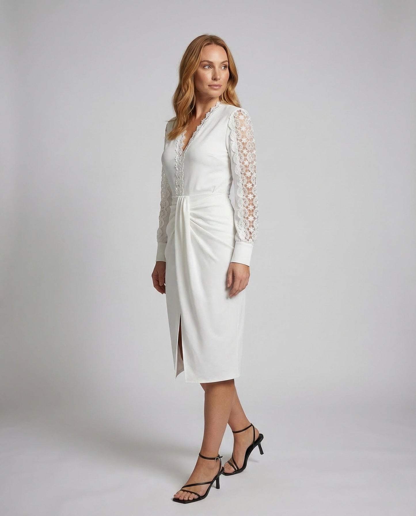 Damen Wickelkleid Spitze Ärmel Drapierte Taille - Norvielle