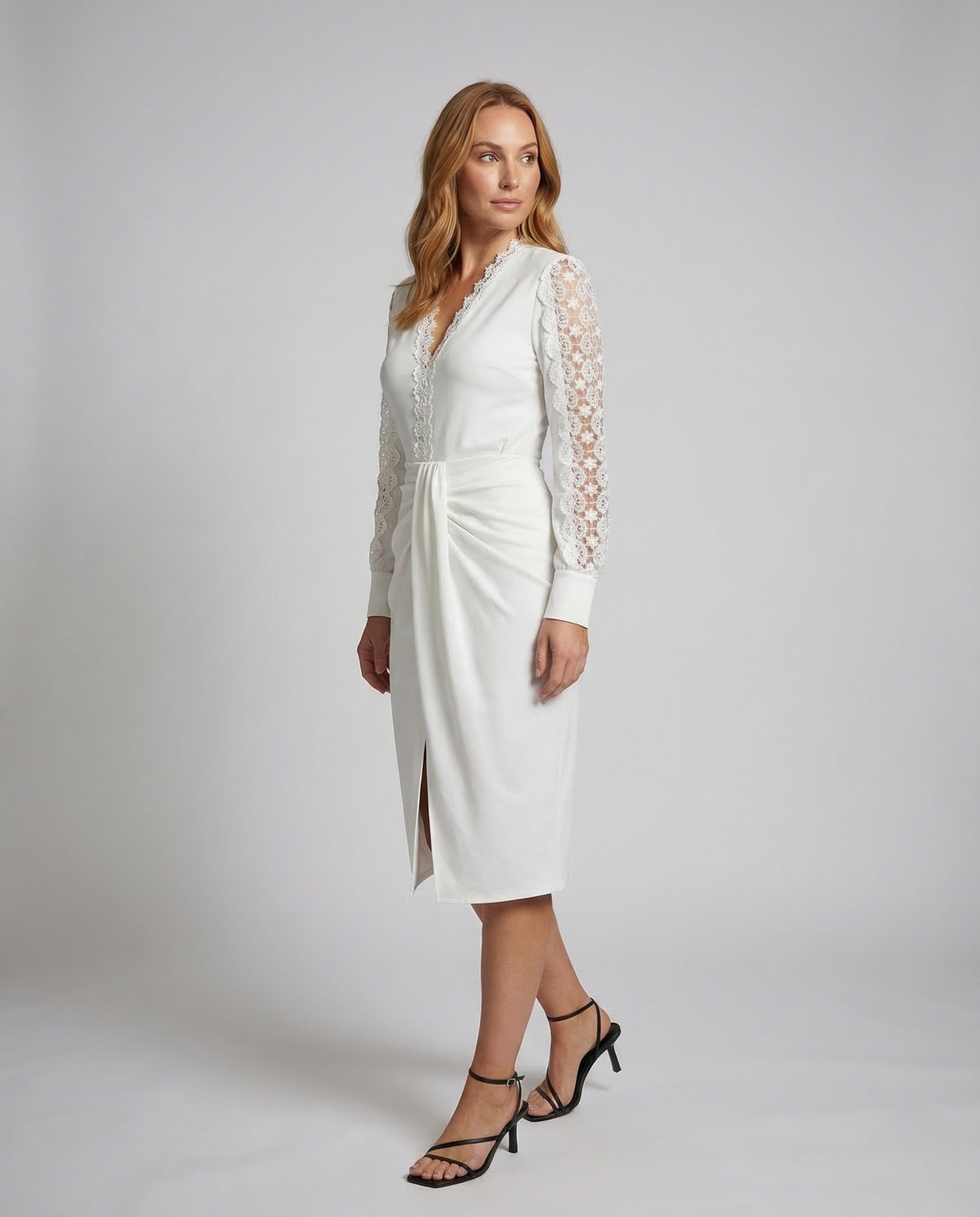 Damen Wickelkleid Spitze Ärmel Drapierte Taille - Norvielle