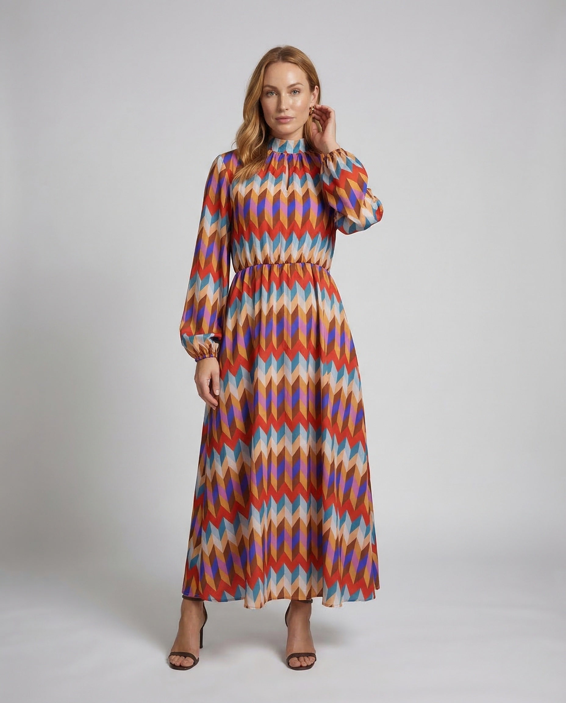 Damen Maxikleid Stehkragen Ballonärmel Mit Gürtel - Norvielle