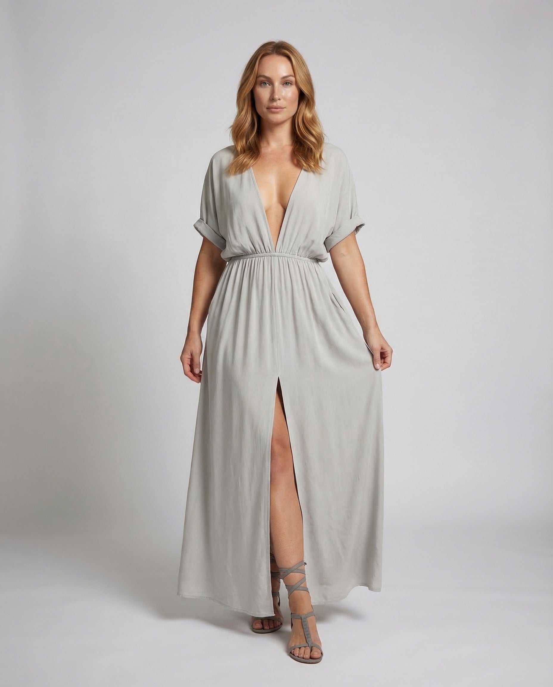 Damen Maxikleid V-Ausschnitt Elastikbund Schwarz - Norvielle