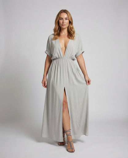 Damen Maxikleid V-Ausschnitt Elastikbund Schwarz - Norvielle