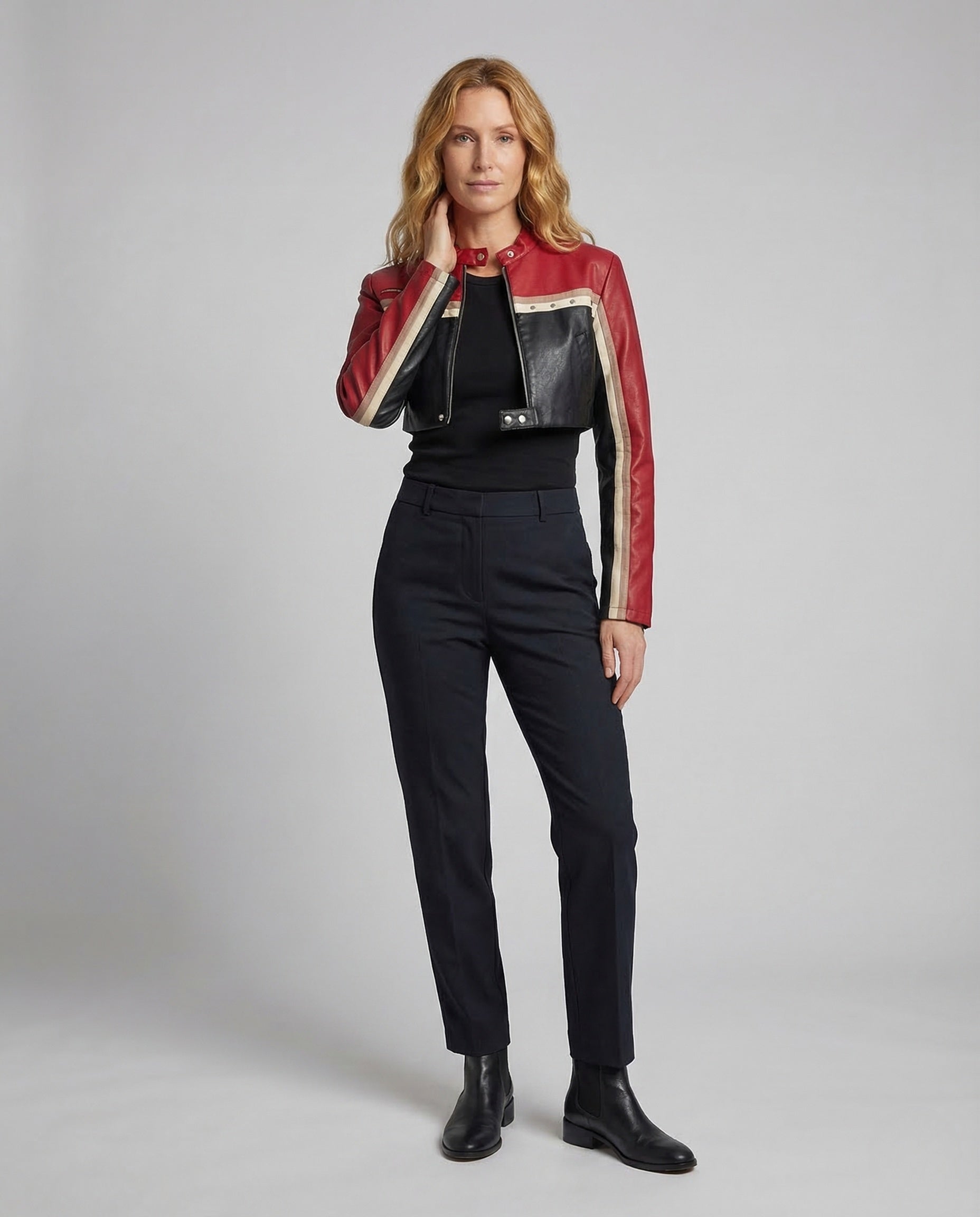Damen Bikerjacke Kurz Stehkragen Kunstleder Schwarz - Norvielle