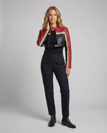 Damen Bikerjacke Kurz Stehkragen Kunstleder Schwarz - Norvielle