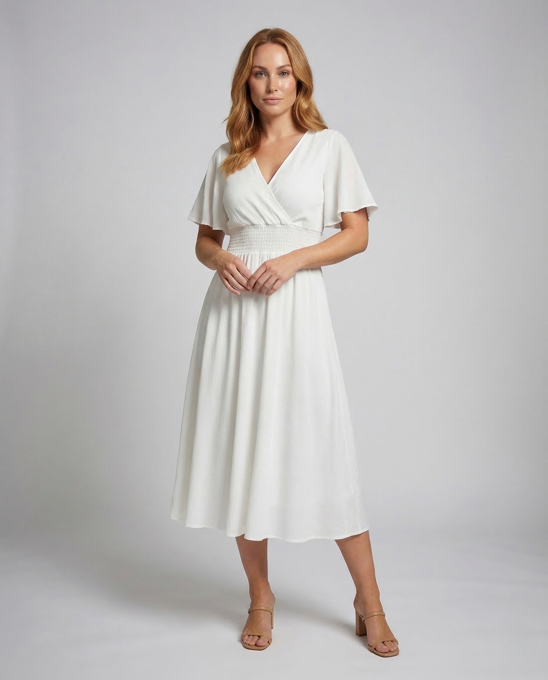 Damen Maxikleid Wickeloptik Smokbund Flügelärmel - Norvielle