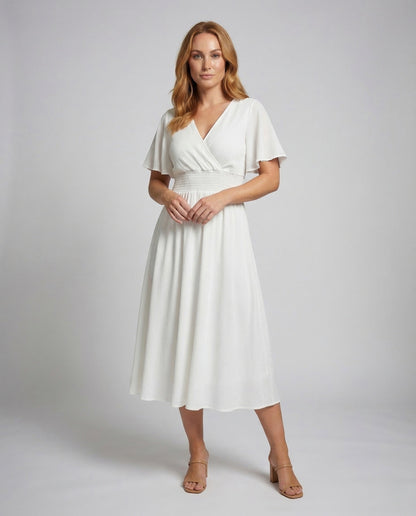 Damen Maxikleid Wickeloptik Smokbund Flügelärmel - Norvielle