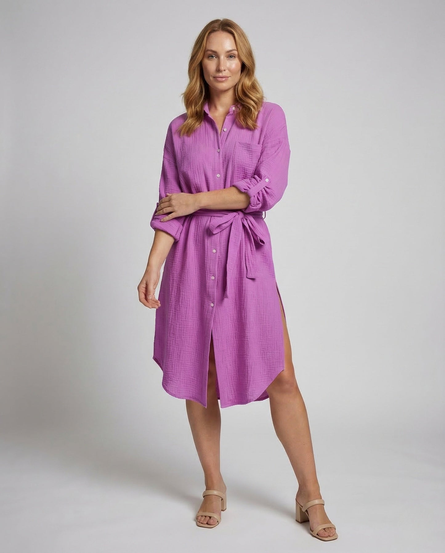 Damen Hemdkleid aus Musselin mit Gürtel und Schlitz - Norvielle