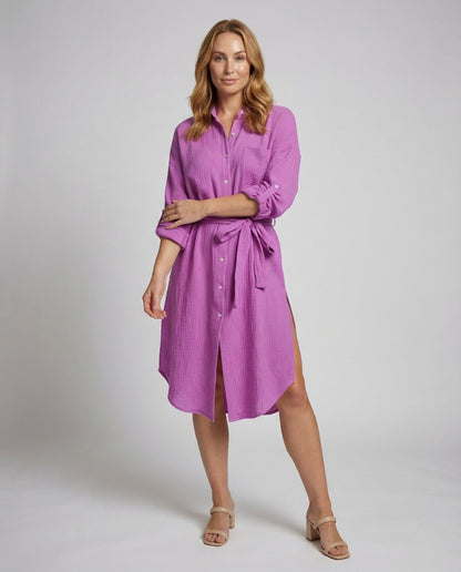 Damen Hemdkleid aus Musselin mit Gürtel und Schlitz - Norvielle
