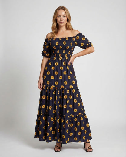Damen Maxikleid Schulterfrei mit Smokoberteil - Norvielle
