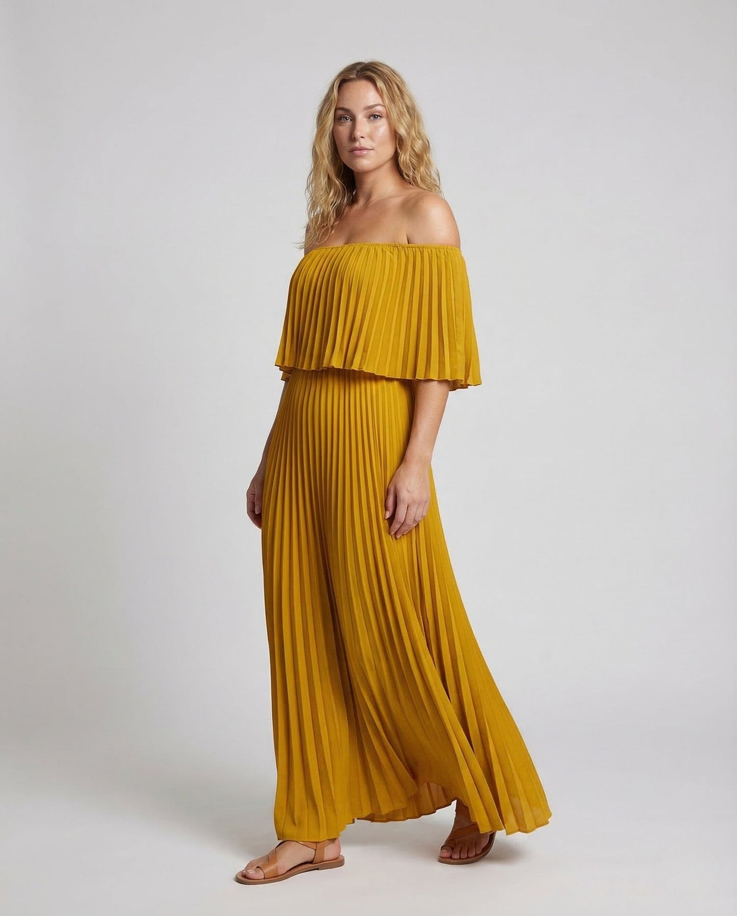 Damen Maxikleid Schulterfrei Volant Plissee - Norvielle