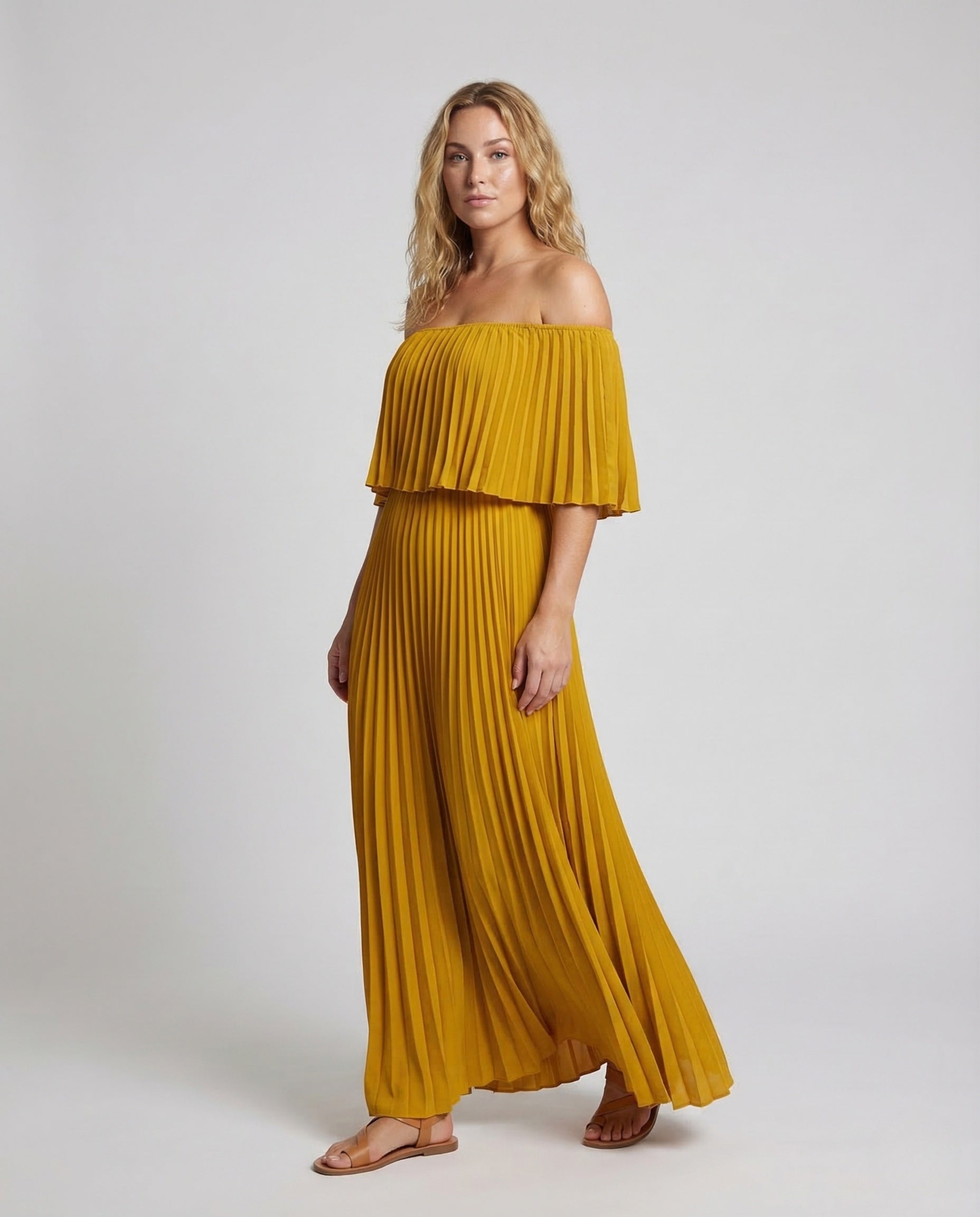 Damen Maxikleid Schulterfrei Volant Plissee - Norvielle