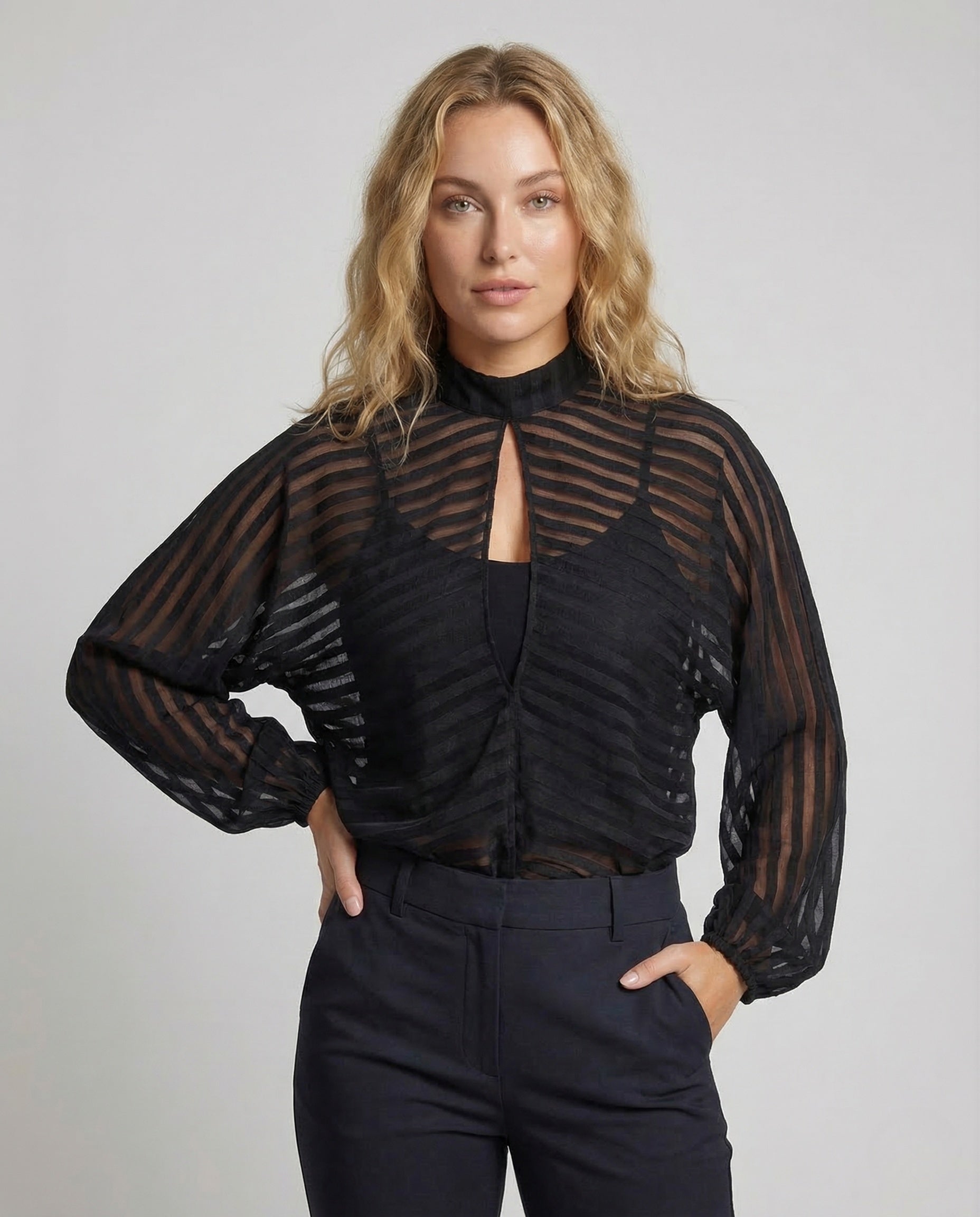 Damen Chiffon Bluse Transparent Stehkragen Ballonärmel - Norvielle