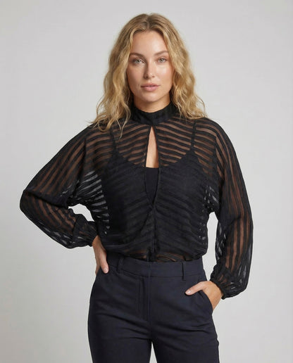 Damen Chiffon Bluse Transparent Stehkragen Ballonärmel - Norvielle