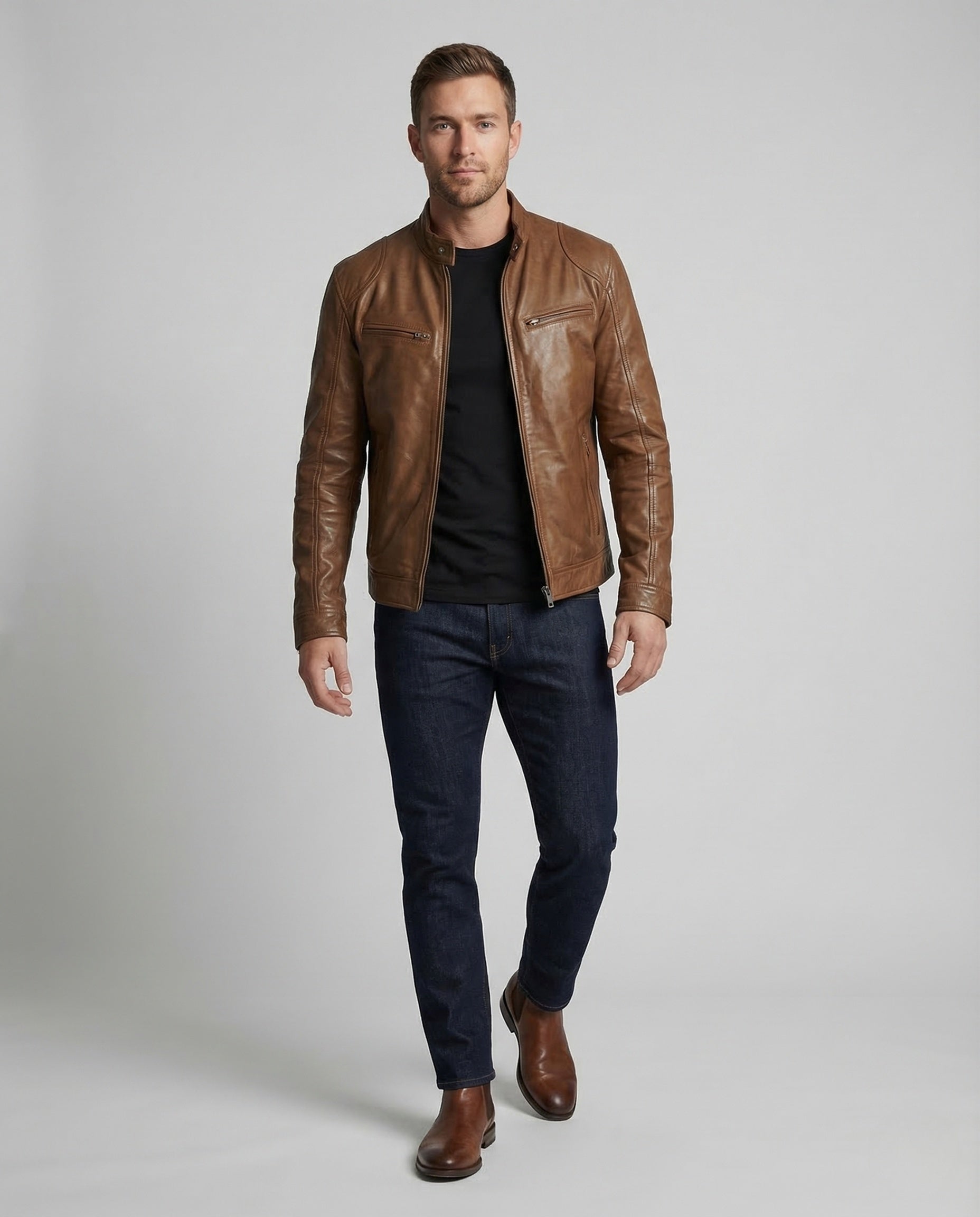 Herren Lederjacke Biker Stehkragen Schwarz - Norvielle