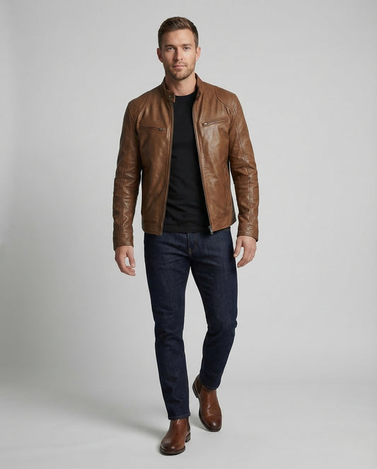 Herren Lederjacke Biker Stehkragen Schwarz - Norvielle