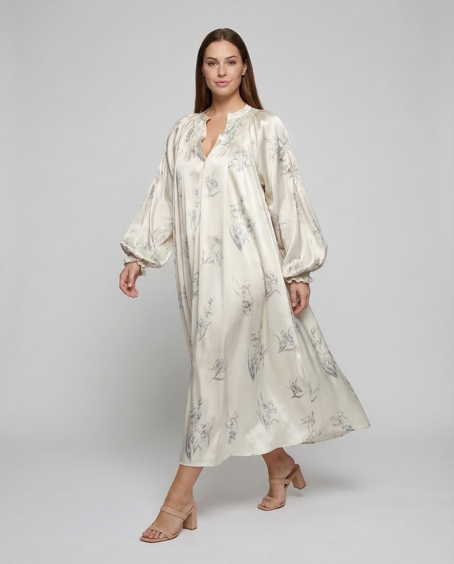 Damen Maxikleid Satin Ballonärmel Blumenmuster - Norvielle