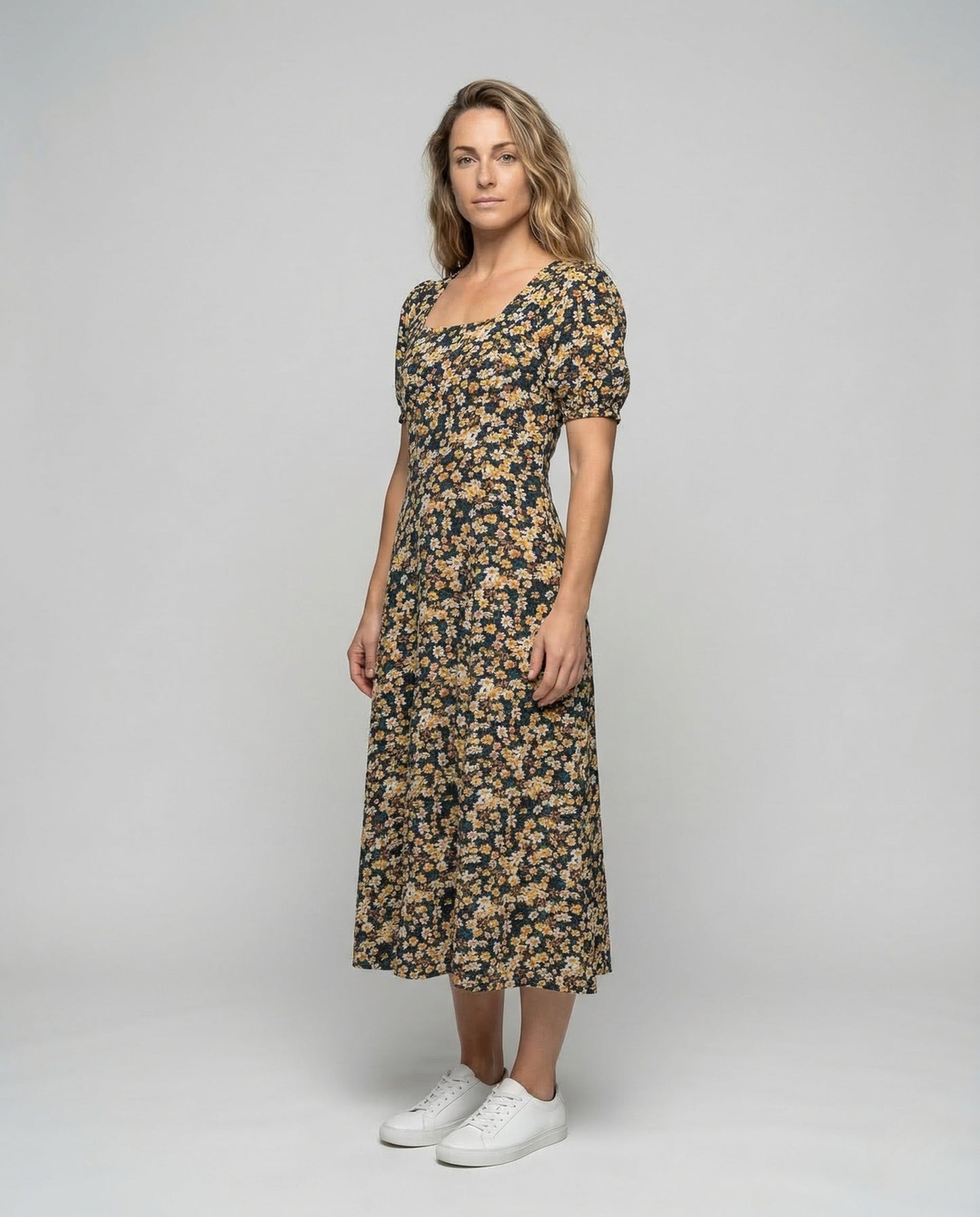 Damen Midikleid mit Blumenmuster und Puffärmeln - Norvielle